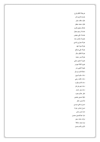 ‫فرج‬ ‫كاظم‬ ‫خريطة‬
‫نادر‬ ‫كريم‬ ‫خسارة‬
‫جابر‬ ‫خلف‬ ‫خلود‬
‫جعفر‬ ‫محمد‬ ‫خلود‬
‫كريم‬ ‫مهدي‬ ‫خمائل‬
‫مجبل‬ ‫رحيم‬ ‫خماسة‬
‫بعيص‬ ‫علي‬ ‫خماسة‬
‫سعد‬ ‫سلمان‬ ‫خميسة‬
‫شند‬ ‫جباري‬ ‫خولة‬‫ي‬
‫فهد‬ ‫جواد‬ ‫خولة‬
‫صالح‬ ‫علي‬ ‫خولة‬
‫سالم‬ ‫كاظم‬ ‫خولة‬
‫محمد‬ ‫يسر‬ ‫خولة‬
‫سبتي‬ ‫عيدي‬ ‫خيرية‬
‫مهودر‬ ‫لفتة‬ ‫خيرية‬
‫بدر‬ ‫لعيبى‬ ‫خيونة‬
‫مزعل‬ ‫قاسم‬ ‫داخلة‬
‫شويع‬ ‫سليم‬ ‫دعاء‬
‫رجي‬ ‫غالب‬ ‫دعاء‬
‫جلوب‬ ‫قاسم‬ ‫دعاء‬
‫خزعل‬ ‫نجم‬ ‫دعاء‬
‫شمام‬ ‫يابر‬ ‫دعاء‬
‫حمود‬ ‫هاشم‬ ‫دفتر‬
‫خضير‬ ‫حسين‬ ‫دكية‬
‫شكر‬ ‫صبر‬ ‫دلة‬
‫موسى‬ ‫ساهي‬ ‫دموع‬
‫عودة‬ ‫عباس‬ ‫دموع‬
‫بداي‬ ‫حسن‬ ‫دنيا‬
‫محسن‬ ‫عبدالحسين‬ ‫دنيا‬
‫سجر‬ ‫حامد‬ ‫دولت‬
‫عذافة‬ ‫محمد‬ ‫دينا‬
‫حسن‬ ‫قاسم‬ ‫ذكرى‬
 