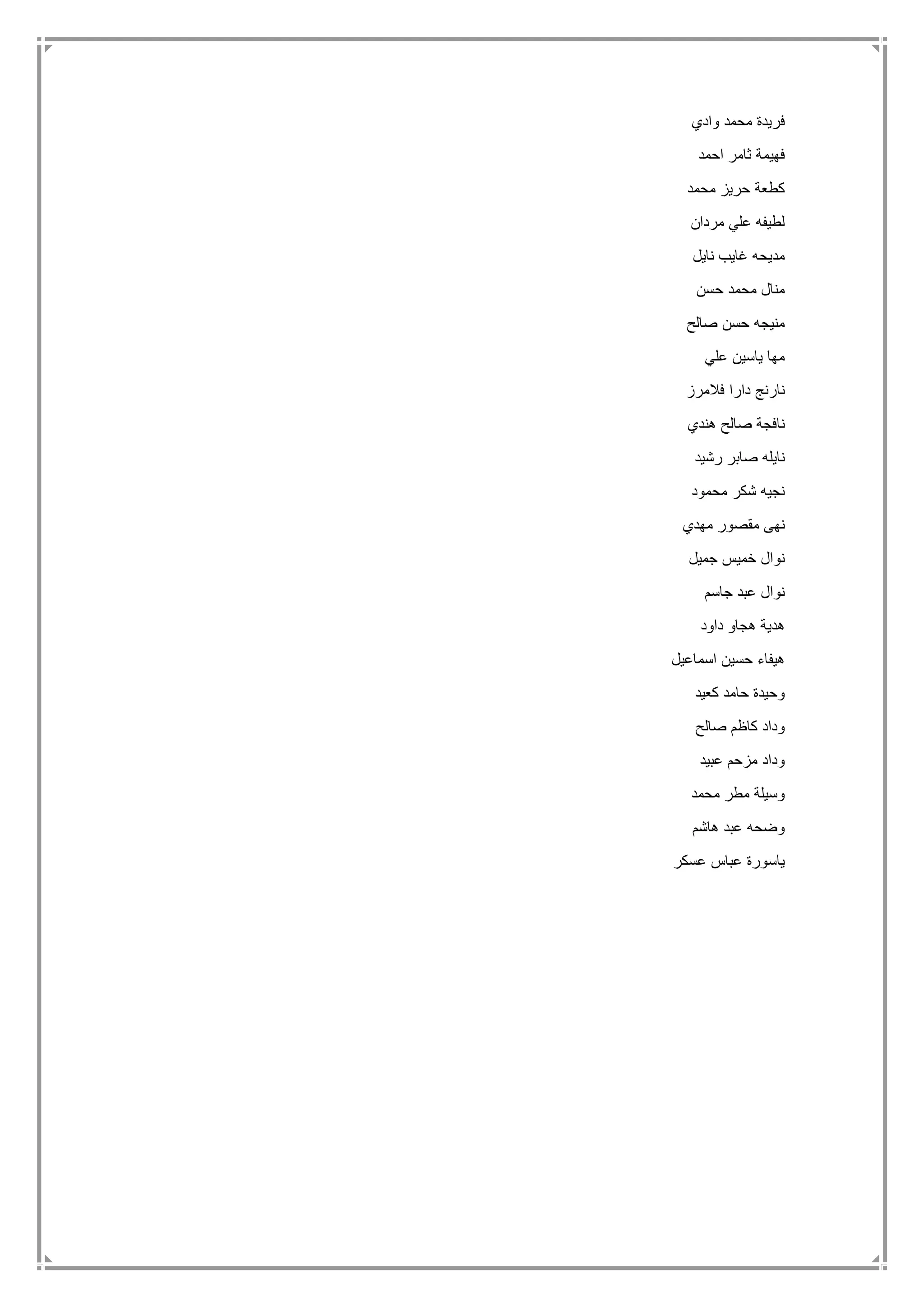‫وادي‬ ‫محمد‬ ‫فريدة‬
‫احمد‬ ‫ثامر‬ ‫فهيمة‬
‫محمد‬ ‫حريز‬ ‫كطعة‬
‫مردان‬ ‫علي‬ ‫لطيفه‬
‫نايل‬ ‫غايب‬ ‫مديحه‬
‫حسن‬ ‫محمد‬ ‫منال‬
‫صالح‬ ‫حسن‬ ‫منيجه‬
‫علي‬ ‫ياسين‬ ‫مها‬
‫فالمرز‬ ‫دارا‬ ‫نارنج‬
‫هندي‬ ‫صالح‬ ‫نافجة‬
‫رشيد‬ ‫صابر‬ ‫نايله‬
‫محمود‬ ‫شكر‬ ‫نجيه‬
‫مهدي‬ ‫مقصور‬ ‫نهى‬
‫جميل‬ ‫خميس‬ ‫نوال‬
‫جاسم‬ ‫عبد‬ ‫نوال‬
‫داود‬ ‫هجاو‬ ‫هدية‬
‫اسماعيل‬ ‫حسين‬ ‫هيفاء‬
‫كعيد‬ ‫حامد‬ ‫وحيدة‬
‫صالح‬ ‫كاظم‬ ‫وداد‬
‫عبيد‬ ‫مزحم‬ ‫وداد‬
‫محمد‬ ‫مطر‬ ‫وسيلة‬
‫هاشم‬ ‫عبد‬ ‫وضحه‬
‫عسكر‬ ‫عباس‬ ‫ياسورة‬
 