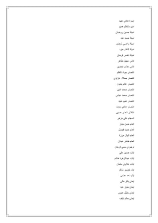 ‫عبيد‬ ‫هادي‬ ‫اميرة‬
‫هميم‬ ‫كاظم‬ ‫اميره‬
‫روضان‬ ‫حسين‬ ‫امينة‬
‫عبد‬ ‫حميد‬ ‫امينة‬
‫شعبان‬ ‫راضي‬ ‫امينة‬
‫عبود‬ ‫كاظم‬ ‫امينة‬
‫فرحان‬ ‫ناصر‬ ‫امينة‬
‫ظاهر‬ ‫عجيل‬ ‫اناس‬
‫خضير‬ ‫عذاب‬ ‫اناس‬
‫كاظم‬ ‫جواد‬ ‫انتصار‬
‫عزاوي‬ ‫صالل‬ ‫انتصار‬
‫حنون‬ ‫غانم‬ ‫انتصار‬
‫امين‬ ‫محمد‬ ‫انتصار‬
‫عباس‬ ‫محمد‬ ‫انتصار‬
‫عبيد‬ ‫نعيم‬ ‫انتصار‬
‫محمد‬ ‫هادي‬ ‫انتصار‬
‫حسين‬ ‫ناصر‬ ‫انتظار‬
‫مزهر‬ ‫علي‬ ‫انسجام‬
‫جبار‬ ‫حسن‬ ‫انعام‬
‫فيصل‬ ‫حميد‬ ‫انعام‬
‫مرزة‬ ‫شيال‬ ‫انعام‬
‫عيدان‬ ‫طاهر‬ ‫انعام‬
‫فرحان‬ ‫سمي‬ ‫اوجيري‬
‫علي‬ ‫حسين‬ ‫ايات‬
‫هاشم‬ ‫عبدالزهرة‬ ‫ايات‬
‫سلمان‬ ‫عالوي‬ ‫ايات‬
‫شاكر‬ ‫خضير‬ ‫اياد‬
‫عباس‬ ‫سعد‬ ‫ايام‬
‫باقر‬ ‫ايمان‬‫مكي‬
‫عبد‬ ‫جبار‬ ‫ايمان‬
‫عبيس‬ ‫جليل‬ ‫ايمان‬
‫نايف‬ ‫حاتم‬ ‫ايمان‬
 