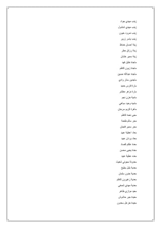 ‫جواد‬ ‫مهدي‬ ‫زينب‬
‫شنشول‬ ‫مهدي‬ ‫زينب‬
‫خيون‬ ‫نمرود‬ ‫زينب‬
‫زوير‬ ‫ياسر‬ ‫زينب‬
‫خماط‬ ‫احسان‬ ‫زينة‬
‫مطر‬ ‫رزاق‬ ‫زينة‬
‫خشان‬ ‫سمير‬ ‫زينة‬
‫فهد‬ ‫خليل‬ ‫ساجدة‬
‫كاظم‬ ‫زيون‬ ‫ساجدة‬
‫عبدا‬ ‫ساجدة‬‫حسين‬ ‫لله‬
‫وادي‬ ‫ستار‬ ‫ساجدين‬
‫حميد‬ ‫فارس‬ ‫سارة‬
‫مطشر‬ ‫مزهر‬ ‫سارة‬
‫نجم‬ ‫خزن‬ ‫سامية‬
‫سباهي‬ ‫وحيد‬ ‫ساميه‬
‫سرحان‬ ‫كريم‬ ‫ساهرة‬
‫كاظم‬ ‫نعمه‬ ‫سجى‬
‫طعمة‬ ‫سالم‬ ‫سحر‬
‫فنجان‬ ‫سمير‬ ‫سحر‬
‫عبيد‬ ‫اعطية‬ ‫سعاد‬
‫عبيد‬ ‫بردان‬ ‫سعاد‬
‫كصاد‬ ‫علكم‬ ‫سعدة‬
‫محسن‬ ‫يحيى‬ ‫سعدة‬
‫عبيد‬ ‫عطية‬ ‫سعده‬
‫شغيث‬ ‫مجوتي‬ ‫سعدونة‬
‫بطيخ‬ ‫بلبل‬ ‫سعدية‬
‫سلمان‬ ‫حنون‬ ‫سعدية‬
‫كاظم‬ ‫زغيرون‬ ‫سعدية‬
‫شمخي‬ ‫مهدي‬ ‫سعدية‬
‫ظاهر‬ ‫موازي‬ ‫سعيد‬
‫حاشوش‬ ‫جبر‬ ‫سعيدة‬
‫سعدون‬ ‫خزعل‬ ‫سعيدة‬
 