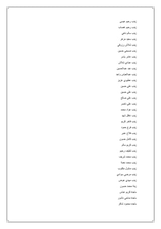 ‫عيسى‬ ‫رحيم‬ ‫زينب‬
‫غصاب‬ ‫رحيم‬ ‫زينب‬
‫ناهي‬ ‫سالم‬ ‫زينب‬
‫مزهر‬ ‫سعيد‬ ‫زينب‬
‫رزوقي‬ ‫شالش‬ ‫زينب‬
‫حسين‬ ‫صبحي‬ ‫زينب‬
‫ياسر‬ ‫عامر‬ ‫زينب‬
‫شالش‬ ‫عبادي‬ ‫زينب‬
‫عبدالحسين‬ ‫عبد‬ ‫زينب‬
‫واجد‬ ‫عبدالعباس‬ ‫زينب‬
‫عزيز‬ ‫عطيوي‬ ‫زينب‬
‫حسين‬ ‫علي‬ ‫زينب‬
‫حسين‬ ‫علي‬ ‫زينب‬
‫صالح‬ ‫علي‬ ‫زينب‬
‫علي‬ ‫زينب‬‫ناصر‬
‫محمد‬ ‫عواد‬ ‫زينب‬
‫شهد‬ ‫غافل‬ ‫زينب‬
‫كريم‬ ‫فاخر‬ ‫زينب‬
‫حمود‬ ‫فرج‬ ‫زينب‬
‫عنبر‬ ‫فالح‬ ‫زينب‬
‫حسون‬ ‫كامل‬ ‫زينب‬
‫سالم‬ ‫كريم‬ ‫زينب‬
‫رحيم‬ ‫لطيف‬ ‫زينب‬
‫شريف‬ ‫محمد‬ ‫زينب‬
‫نعمة‬ ‫محمد‬ ‫زينب‬
‫مكتوب‬ ‫مدلول‬ ‫زينب‬
‫سوادي‬ ‫مرضي‬ ‫زينب‬
‫عوض‬ ‫مهدي‬ ‫زينب‬
‫حسون‬ ‫محمد‬ ‫زينة‬
‫عباس‬ ‫كريم‬ ‫ساجدة‬
‫ناشور‬ ‫مناحي‬ ‫ساجدة‬
‫شاكر‬ ‫محمود‬ ‫ساجده‬
 