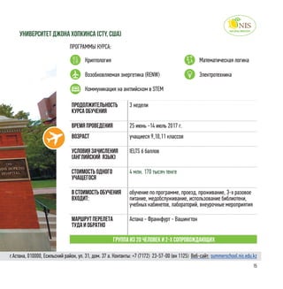 15
университет Джона Хопкинса (CTY, США)
ПРОГРАММЫ КУРСА:
Криптология Математическая логика
Коммуникация на английском в STEM
Возобновляемая энергетика (RENW) Электротехника
Продолжительность
курса обучения
3 недели
Время проведения 25 июнь -14 июль 2017 г.
Возраст учащиеся 9,10,11 классов
Условия зачисления
(английский язык)
IELTS 6 баллов
Стоимость одного
учащегося
4 млн. 170 тысяч тенге
в стоимость обучения
входит:
обучение по программе, проезд, проживание, 3-х разовое
питание, медобслуживание, использование библиотеки,
учебных кабинетов, лабораторий, внеурочные мероприятия
Маршрут перелета
туда и обратно
Астана - Франкфурт - Вашингтон
Группа из 20 человек и 2-х сопровождающих
г.Астана, 010000, Есильский район, ул. 31, дом. 37 а. Контакты: +7 (7172)  23-57-00 (вн 1125) Веб-сайт: summerschool.nis.edu.kz
 