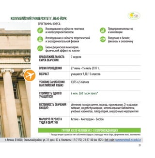 31
Колумбийский университет г. Нью-Йорк
ПРОГРАММЫ КУРСА:
Исследования в области генетики
и молекулярной биологи
Предпринимательство
и инновации
Биомедицинская инженерия:
физический эффект на клетки
Исследования в области теоретической
и экспериментальной физики
Введение в бизнес,
финансы и экономику
Продолжительность
курса обучения
3 недели
Время проведения 27 июнь -15 июль 2017 г.
Возраст учащиеся 9,10,11 классов
Условия зачисления
(английский язык)
IELTS 6,5 баллов
Стоимость одного
учащегося
6 млн. 260 тысяч тенге*
в стоимость обучения
входит:
обучение по программе, проезд, проживание, 3-х разовое
питание, медобслуживание, использование библиотеки,
учебных кабинетов, лабораторий, внеурочные мероприятия
Маршрут перелета
туда и обратно
Астана - Амстердам - Бостон
Группа из 20 человек и 2- х сопровождающих
* Расходы внутри страны за счет собственных средств. (проезд до места сбора, оформление визы, проживание)
г.Астана, 010000, Есильский район, ул. 31, дом. 37 а. Контакты: +7 (7172)  23-57-00 (вн 1125) Веб-сайт: summerschool.nis.edu.kz
 