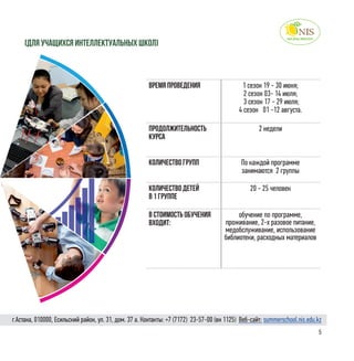 5
(для учащихся Интеллектуальных школ)
г.Астана, 010000, Есильский район, ул. 31, дом. 37 а. Контакты: +7 (7172)  23-57-00 (вн 1125) Веб-сайт: summerschool.nis.edu.kz
Время проведения 1 сезон 19 - 30 июня;
2 сезон 03- 14 июля;
3 сезон 17 - 29 июля;
4 сезон 01 -12 августа.
Продолжительность
курса
2 недели
Количество групп По каждой программе
занимаются 2 группы
Количество детей
в 1 группе
20 - 25 человек
в стоимость обучения
входит:
обучение по программе,
проживание, 2-х разовое питание,
медобслуживание, использование
библиотеки, расходных материалов
 