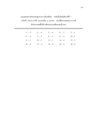 234
แบบเฉลยตรวจคาตอบกลุ่มสาระการเรียนศิลปะ ระดับชั้นมัธยมศึกษาปีที่ 3
ฉบับที่ 2 จานวน 20 ข้อ คะแนนเต็ม 20 คะแนน เวลาใช้ในการทดสอบ 30 นาที
สานักงานเขตพื้นที่การศึกษาประถมศึกษาชลบุรี เขต 2
###################################################################################
1…….3 2……4 3……4 4……3 5…..3
6…….3 7……2 8……3 9……4 10…2
11…..3 12…..1 13…..1 14…..4 15….3
16…...2 17…...3 18…..4 19…..3 20….4
 