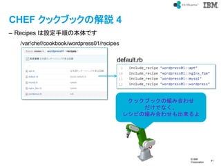 ? IBM
Corporation
41
text
CHEF å֥åνh 4
C Recipes O혤αǤ
/var/chef/cookbook/wordpress01/recipes
default.rb
å֥åνMߺϤ碌
Ǥʤ
쥷ԤνMߺϤ碌
 