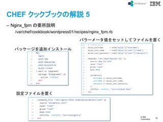 ? IBM
Corporation
42
text
CHEF å֥åνh 5
C Nginx_fpm Ҫh
/var/chef/cookbook/wordpress01/recipes/nginx_fpm.rb
ѥå`׷ӥ󥹥ȩ`
Oեä
ѥ``򥻥åȤƥեä
 