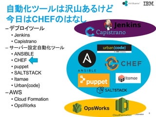? IBM
Corporation
9
text
Ԅӻĩ`ϛgɽ뤱
դCHEFΤϤʤ
Cǥץĩ`
? Jenkins
? Capistrano
C `Щ`OԄӻĩ`
? ANSIBLE
? CHEF
? puppet
? SALTSTACK
? Itamae
? Urban{code}
CAWS
? Cloud Formation
? OpsWorks
 