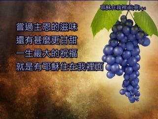 嘗過主恩的滋味
還有甚麼更甘甜
一生最大的祝福
就是有耶穌住在我裡面
耶穌在我裡面(華) 4-1
 