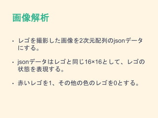 画像解析
• レゴを撮影した画像を2次元配列のjsonデータ
にする。
• jsonデータはレゴと同じ16×16として、レゴの
状態を表現する。
• 赤いレゴを1、その他の色のレゴを0とする。
 