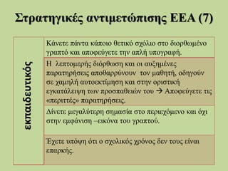 Στρατηγικές αντιμετώπισης ΕΕΑ (7)
Κάνετε πάντα κάποιο θετικό σχόλιο στο διορθωμένο
γραπτό και αποφεύγετε την απλή υπογραφή.
Η λεπτομερής διόρθωση και οι αυξημένες
παρατηρήσεις αποθαρρύνουν τον μαθητή, οδηγούν
σε χαμηλή αυτοεκτίμηση και στην οριστική
εγκατάλειψη των προσπαθειών του  Αποφεύγετε τις
«περιττές» παρατηρήσεις.
Δίνετε μεγαλύτερη σημασία στο περιεχόμενο και όχι
στην εμφάνιση –εικόνα του γραπτού.
Έχετε υπόψη ότι ο σχολικός χρόνος δεν τους είναι
επαρκής.
εκπαιδευτικός
 