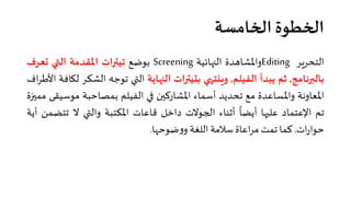 ‫ا�خﺎﻣﺴﺔ‬ ‫ا�خﻄﻮة‬
‫اﻟﺘﺤﺮ�ﺮ‬Editing‫واﳌﺸﺎهﺪة‬‫اﻟ��ﺎﺋﻴﺔ‬Screening‫ﺑﻮﺿﻊ‬‫ﺗﻴ��ات‬‫اﳌﻘﺪﻣﺔ‬‫اﻟ�ي‬‫�ﻌﺮف‬
‫ﺑﺎﻟ��ﻧﺎﻣﺞ‬,‫ﺛﻢ‬‫ﻳﺒﺪأ‬‫اﻟﻔﻴﻠﻢ‬,‫و�نﺘ�ي‬‫ﺑتﻴ��ات‬‫اﻟ��ﺎﻳﺔ‬‫اﻟ�ي‬‫ﺗﻮﺟﮫ‬‫اﻟﺸ‬‫ﻜﺮ‬‫ﻟ�ﺎﻓﺔ‬‫اف‬‫ﺮ‬‫اﻷﻃ‬
‫اﳌﻌﺎوﻧﺔ‬‫واﳌﺴﺎﻋﺪة‬‫ﻣﻊ‬‫ﺗﺤﺪﻳﺪ‬‫أﺳﻤﺎء‬‫اﳌﺸﺎرﻛ�ن‬��‫اﻟﻔﻴﻠﻢ‬‫ﺑﻤﺼﺎﺣﺒﺔ‬‫ﻣﻮﺳ‬‫ﻴﻘﻰ‬‫ﻣﻤ��ة‬
‫ﺗﻢ‬‫اﻹﻋﺘﻤﺎد‬‫ﻋﻠ��ﺎ‬
ً
‫أﻳﻀﺎ‬‫أﺛﻨﺎء‬‫ا�جﻮﻻت‬‫داﺧﻞ‬‫ﻗﺎﻋﺎت‬‫اﳌﻜﺘﺒﺔ‬‫واﻟ�ي‬‫ﻻ‬‫ﺗﺘ‬‫ﻀﻤﻦ‬‫أﻳﺔ‬
‫ات‬‫ر‬‫ﺣﻮا‬.‫ﻛﻤﺎ‬‫ﺗﻤﺖ‬‫اﻋﺎة‬‫ﺮ‬‫ﻣ‬‫ﺳﻼﻣﺔ‬‫اﻟﻠﻐﺔ‬‫ﺿﻮﺣهﺎ‬‫و‬‫و‬.
 