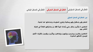 ‫الس‬ ‫المدخل‬ ‫في‬ ‫م‬ّ‫ل‬‫التع‬‫لوكي‬‫الب‬ ‫المدخل‬ ‫في‬ ‫م‬ّ‫ل‬‫التع‬‫نائي‬ ‫المعر‬ ‫المدخل‬ ‫في‬ ‫م‬ّ‫ل‬‫التع‬‫في‬
‫المعرفي‬ ‫المدخل‬ ‫في‬ ‫م‬‫المتعل‬ ‫دور‬
‫الحاجة‬ ‫عند‬ ‫استدعائها‬‫و‬ ‫المعلومات‬ ‫وتخزين‬ ‫ومعالجة‬ ‫وفهم‬ ‫باستقبال‬ ‫يقوم‬ ‫المتعلم‬.
‫ف‬ ‫الفعالة‬ ‫بمشاركتهم‬ ‫بل‬ ،‫فقط‬ ‫البيئة‬ ‫بأحداث‬ ‫سلبي‬ ‫بشكل‬ ‫ن‬‫يتأثرو‬ ‫ال‬ ‫المتعلمين‬‫اك‬‫ر‬‫اإلد‬ ‫ي‬
‫بهم‬ ‫الخاص‬.
‫ا‬‫ر‬‫ا‬‫ر‬‫بالق‬ ‫ن‬‫ويقومو‬ ‫ن‬‫ويتأثرو‬ ‫ن‬‫ويتجاهلو‬ ‫ن‬‫وينتبهو‬ ‫ن‬‫ويمارسو‬ ‫ن‬‫يختارو‬ ‫ن‬‫المتعلمو‬‫ى‬‫األخر‬ ‫ت‬
‫المنشودة‬ ‫ألهدافهم‬ ‫للوصول‬.
 