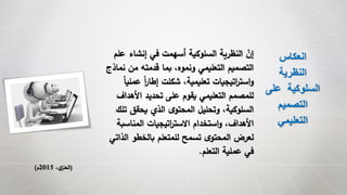 ‫ع‬ ‫إنشاء‬ ‫في‬ ‫أسهمت‬ ‫السلوكية‬ ‫النظرية‬ ‫إن‬‫لم‬
‫من‬ ‫قدمته‬ ‫بما‬ ،‫ونموه‬ ‫التعليمي‬ ‫التصميم‬‫نماذج‬
‫ع‬ ً‫ا‬‫ر‬‫إطا‬ ‫شكلت‬ ،‫تعليمية‬ ‫اتيجيات‬‫ر‬‫است‬‫و‬ً‫ا‬‫ملي‬
‫األهد‬ ‫تحديد‬ ‫على‬ ‫يقوم‬ ‫التعليمي‬ ‫للمصمم‬‫اف‬
‫ت‬ ‫يحقق‬ ‫الذي‬ ‫ى‬‫المحتو‬ ‫وتحليل‬ ،‫السلوكية‬‫لك‬
‫المناس‬ ‫اتيجيات‬‫ر‬‫االست‬ ‫استخدام‬‫و‬ ،‫األهداف‬‫بة‬
‫ال‬ ‫بالخطو‬ ‫للمتعلم‬ ‫تسمح‬ ‫ى‬‫المحتو‬ ‫لعرض‬‫ذاتي‬
‫التعلم‬ ‫عملية‬ ‫في‬.
(،‫ي‬‫العنز‬2015‫م‬)
‫انعكاس‬
‫النظرية‬
‫عل‬ ‫السلوكية‬‫ى‬
‫التصميم‬
‫التعليمي‬
 