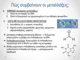 Πώς συμβαίνουν οι μεταλλάξεις;
b. ΛΟΓΩ ΜΕΤΑΛΛΑΞΙΓΟΝΩΝ ΠΑΡΑΓΟΝΤΩΝ
1. Ακτινοβολίες (Χ, γ, κοσμική, υπεριώδης)
2. Χημικές ουσίες (φορμαλδεΰδη, χρωστικές, αρωματικοί
υδρογονάνθρακες, καφεΐνη)
 Διατήρηση σταθερής αλληλουχίας βάσεων  Ένζυμα που
αναγνωρίζουν τις βλάβες και επιδιορθώνουν το DNA.
 Επιδιορθωτικά ένζυμα: Αναγνωρίζουν & επιδιορθώνουν
περισσότερα από το 99,9% των λαθών της αντιγραφής.
 Βλάβες μηχανισμών επιδιόρθωσης: μεταλλάξεις γονιδίων που
κωδικοποιούν επιδιορθωτικά ένζυμα  μελαγχρωματική
ξηροδερμία
a. ΑΙΦΝΙΔΙΑ (αυτόματες μεταλλάξεις)
1. Κατά την αντιγραφή του DNA
2. Κατά το διαχωρισμό των χρωμοσωμάτων ή των αδελφών χρωματίδων
 