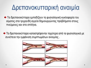 Τα δρεπανοκύτταρα εμποδίζουν τη φυσιολογική κυκλοφορία του
αίματος στα τριχοειδή αγγεία δημιουργώντας προβλήματα στους
πνεύμονες και στο σπλήνα.
Τα δρεπανοκύτταρα καταστρέφονται ταχύτερα από τα φυσιολογικά με
συνέπεια την εμφάνιση συμπτωμάτων αναιμίας .
Δρεπανοκυτταρική αναιμία
 