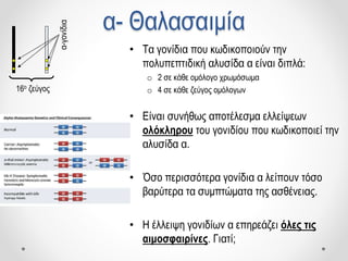 α- Θαλασαιμία
• Τα γονίδια που κωδικοποιούν την
πολυπεπτιδική αλυσίδα α είναι διπλά:
o 2 σε κάθε ομόλογο χρωμόσωμα
o 4 σε κάθε ζεύγος ομόλογων
• Είναι συνήθως αποτέλεσμα ελλείψεων
ολόκληρου του γονιδίου που κωδικοποιεί την
αλυσίδα α.
• Όσο περισσότερα γονίδια α λείπουν τόσο
βαρύτερα τα συμπτώματα της ασθένειας.
• Η έλλειψη γονιδίων α επηρεάζει όλες τις
αιμοσφαιρίνες. Γιατί;
16ο ζεύγος
α-γονίδια
 