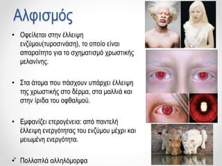 Αλφισμός
• Οφείλεται στην έλλειψη
ενζύμου(τυροσινάση), το οποίο είναι
απαραίτητο για το σχηματισμό χρωστικής
μελανίνης.
• Στα άτομα που πάσχουν υπάρχει έλλειψη
της χρωστικής στο δέρμα, στα μαλλιά και
στην ίριδα του οφθαλμού.
• Εμφανίζει ετερογένεια: από παντελή
έλλειψη ενεργότητας του ενζύμου μέχρι και
μειωμένη ενεργότητα.
• Πολλαπλά αλληλόμορφα
 
