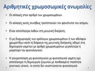 Αριθμητικές χρωμοσωμικές ανωμαλίες
• Οι αλλαγές στον αριθμό των χρωμοσωμάτων.
• Οι αλλαγές αυτές συνήθως τροποποιούν τον φαινότυπο του ατόμου.
• Είναι αποτέλεσμα λαθών στη μειωτική διαίρεση.
• Ο μη διαχωρισμός των ομόλογων χρωμοσωμάτων ή των αδελφών
χρωματίδων κατά τη διάρκεια της μειωτικής διαίρεσης οδηγεί στη
δημιουργία γαμετών με αριθμό χρωμοσωμάτων μεγαλύτερο ή
μικρότερο του φυσιολογικού.
• Η γονιμοποίηση μη φυσιολογικού με φυσιολογικό γαμέτη έχει
αποτέλεσμα τη δημιουργία ζυγωτού με λανθασμένη ποσότητα
γενετικού υλικού, το οποίο δεν αναπτύσσεται φυσιολογικά.
 