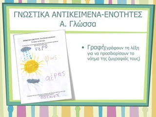 ΓΝΩΣΤΙΚΑ ΑΝΤΙΚΕΙΜΕΝΑ-ΕΝΟΤΗΤΕΣ
Α. Γλώσσα
• Γραφή(γράφουν τη λέξη
για να προσδιορίσουν το
νόημα της ζωγραφιάς τους)
 
