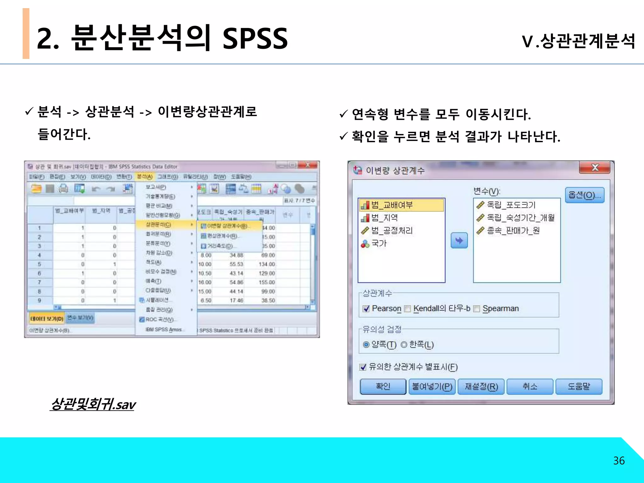 2. 분산분석의 SPSS
 분석 -> 상관분석 -> 이변량상관관계로
들어간다.
 연속형 변수를 모두 이동시킨다.
 확인을 누르면 분석 결과가 나타난다.
상관및회귀.sav
Ⅴ.상관관계분석
36
 