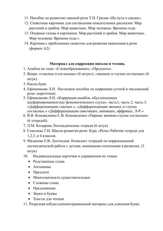 11. Пособие по развитию связной речи Т.И. Гризик «На пути к сказке».
12. Сюжетные картинки для составления описательных рассказов: Мир
растений и грибов. Мир животных. Мир человека. Времена года.
13. Опорные схемы в картинках: Мир растений и грибов. Мир животных.
Мир человека. Времена года.».
14. Картины с проблемным сюжетом для развития мышления и речи
(формат А2).
Материал для коррекции письма и чтения.
1. Альбом по теме: «Словообразование», «Предлоги».
2. Веера: «гласные и согласные» (6 штук»), «звонкие и глухие согласные» (6
штук).
3. Кассы букв.
4. Ефименкова Л.Н. Наглядное пособие по коррекции устной и письменной
речи. (картотека)
5. Ефименкова Л.Н. «Коррекция ошибок, обусловленных
несформированностью фонематического слуха», часть1, часть 2, часть 3.
«Дифференциация гласных.», «Дифференциация звонких и глухих
согласных.» «Дифференциация свистящих, шипящих, аффрикат, Л-Р.»
6. В.В. Коноваленко С.В. Коноваленко «Парные звонкие-глухие согласные»
(6 тетрадей).
7. Л.М. Козырева Логопедические тетради (6 штук)
8. Соколова Т.Н. Школа развития речи: Курс «Речь» Рабочие тетради для
1,2,3, и 4 классов.
9. Мазанова Е.В. Логопедия. Комплект тетрадей по коррекционной
логопедической работе с детьми, имеющими отклонения в развитии. (3
штук)
10. Индивидуальные карточки и упражнения по темам:
 Родственные слова
 Антонимы.
 Предлоги
 Многозначность существительных
 Сложные слова
 Предложение
 Звуки и буквы
 Тексты для чтения
11. Разрезная азбука (демонстрационный материал для усвоения букв).
 