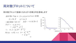 両対数プロットについて
両対数プロットで直線になればべき乗分布を意味します
 