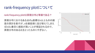 rank-frequency plotについて
rank-frequency plotは累積分布と等価である？
累積分布におけるある点のｙ座標はx以上ものの頻
度の累計を表すが、xを頻度順に並び替えてしまえ
ばxはｘ番目に頻度が高いことが保証されるので、
累積分布のある比をとったものにすぎない。
 