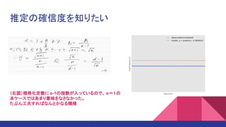 推定の確信度を知りたい
（右図）規格化定数に α-1の指数が入っているので、 α＝１の
本ケースではあまり意味をなさなかった。
たぶん工夫すればなんとかなる模様
 