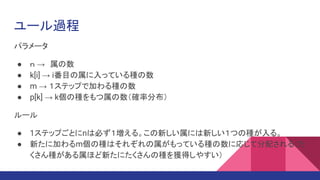 ユール過程
パラメータ
● ｎ →　属の数
● k[i] → i番目の属に入っている種の数
● m → １ステップで加わる種の数
● p[k] → k個の種をもつ属の数（確率分布）
ルール
● 1ステップごとにnは必ず１増える。この新しい属には新しい１つの種が入る。
● 新たに加わるm個の種はそれぞれの属がもっている種の数に応じて分配される（た
くさん種がある属ほど新たにたくさんの種を獲得しやすい）
 