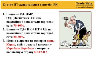 www.trade-help.com
Статус ИТ-департамента в ритейл РК
1. Влияние КД+ДМР,
ОД+(Логистика+СП) на
важнейшие показатели торговой
сети 70-80%.
2. Влияние ФД+ HR + ИТ + СБ на
важнейшие показатели торговой
сети 20-30%.
3. Нужно вырасти из каморка папы
Карло, найти золотой ключик у
Карабаса Барабаса и открыть
волшебную страну RETAIL!
 
