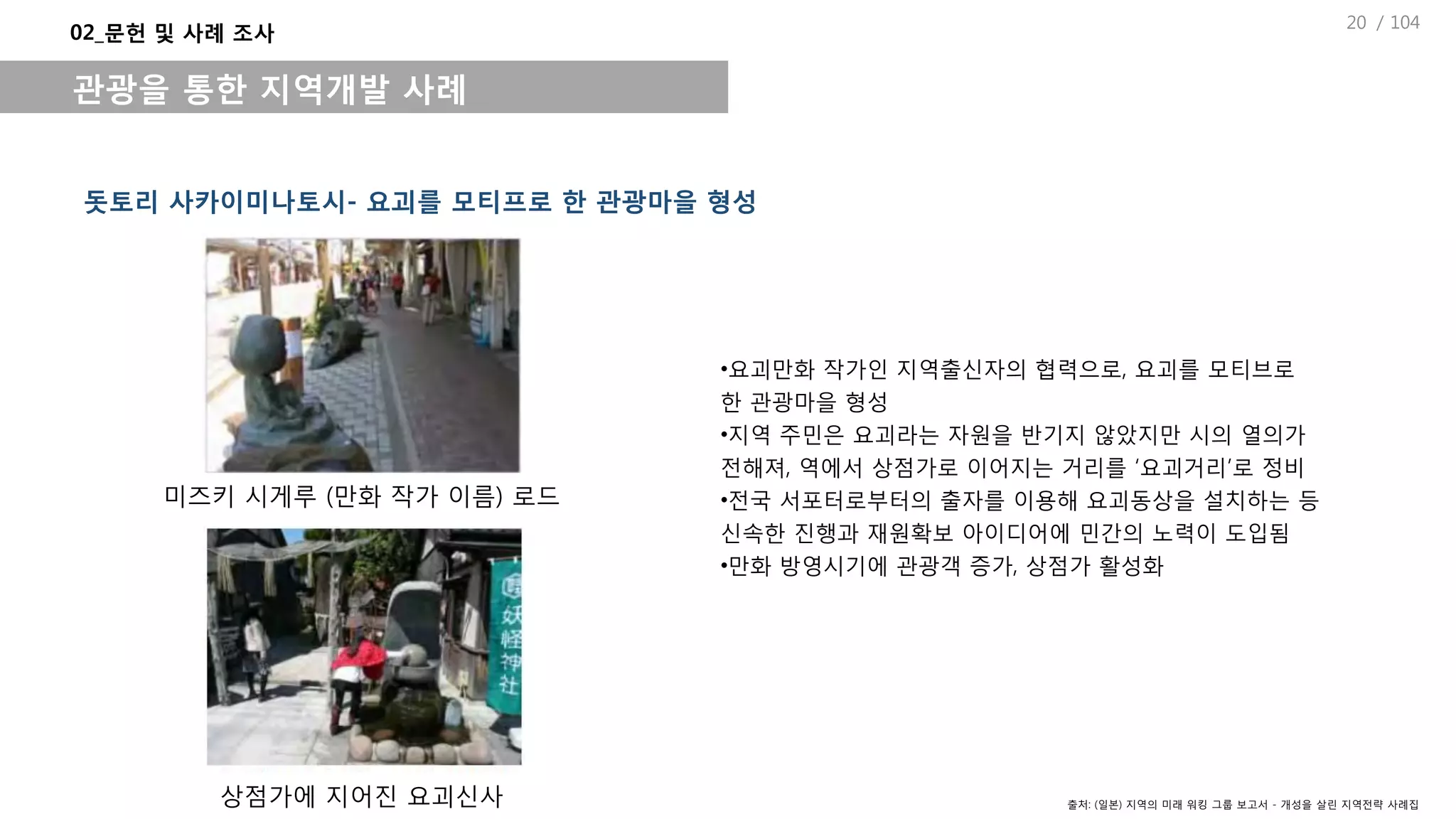 / 104
•요괴만화 작가인 지역출신자의 협력으로, 요괴를 모티브로
한 관광마을 형성
•지역 주민은 요괴라는 자원을 반기지 않았지만 시의 열의가
전해져, 역에서 상점가로 이어지는 거리를 ‘요괴거리’로 정비
•전국 서포터로부터의 출자를 이용해 요괴동상을 설치하는 등
신속한 진행과 재원확보 아이디어에 민간의 노력이 도입됨
•만화 방영시기에 관광객 증가, 상점가 활성화
돗토리 사카이미나토시- 요괴를 모티프로 한 관광마을 형성
02_문헌 및 사례 조사
관광을 통한 지역개발 사례
미즈키 시게루 (만화 작가 이름) 로드
상점가에 지어진 요괴신사 출처: (일본) 지역의 미래 워킹 그룹 보고서 - 개성을 살린 지역전략 사례집
20
 
