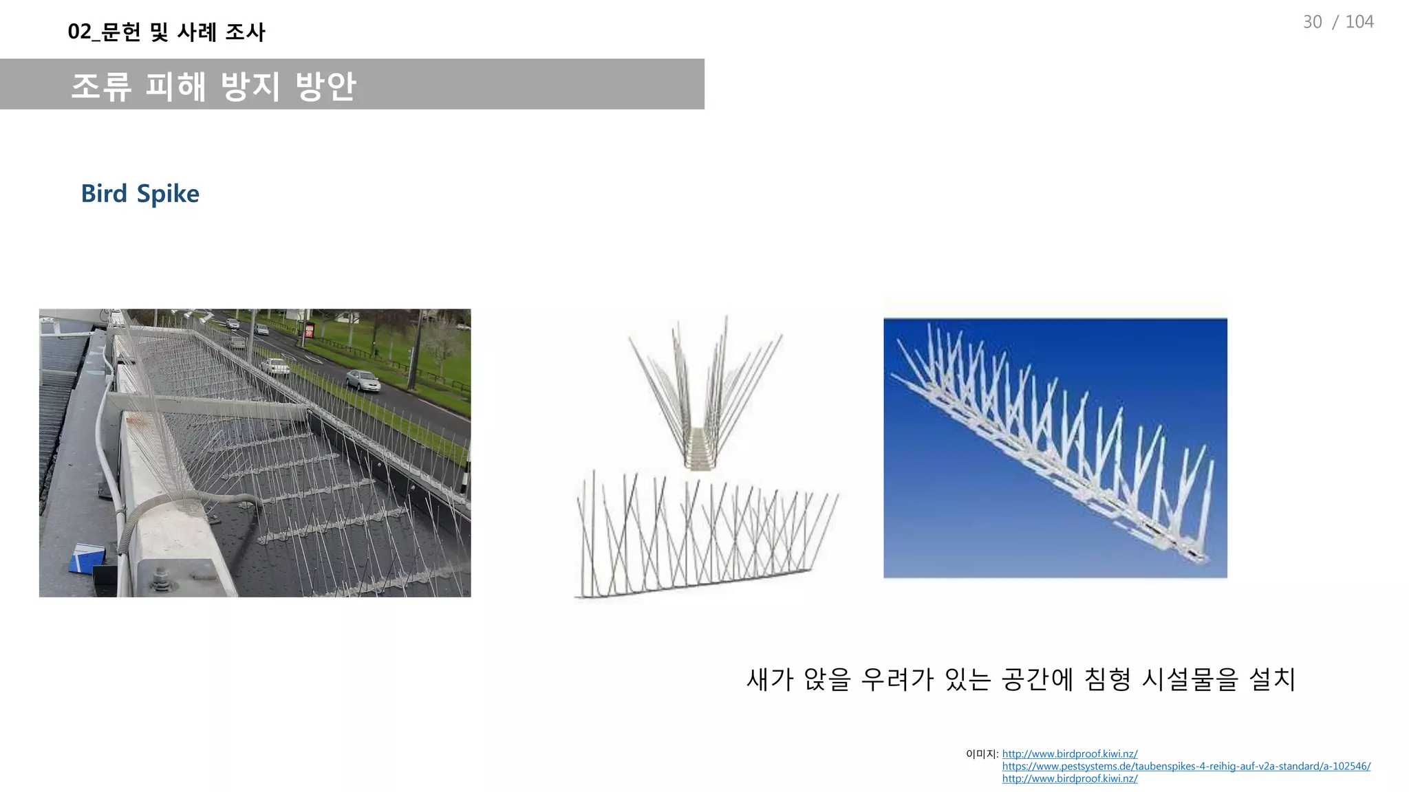 / 104
Bird Spike
새가 앉을 우려가 있는 공간에 침형 시설물을 설치
02_문헌 및 사례 조사
조류 피해 방지 방안
이미지: http://www.birdproof.kiwi.nz/
https://www.pestsystems.de/taubenspikes-4-reihig-auf-v2a-standard/a-102546/
http://www.birdproof.kiwi.nz/
30
 