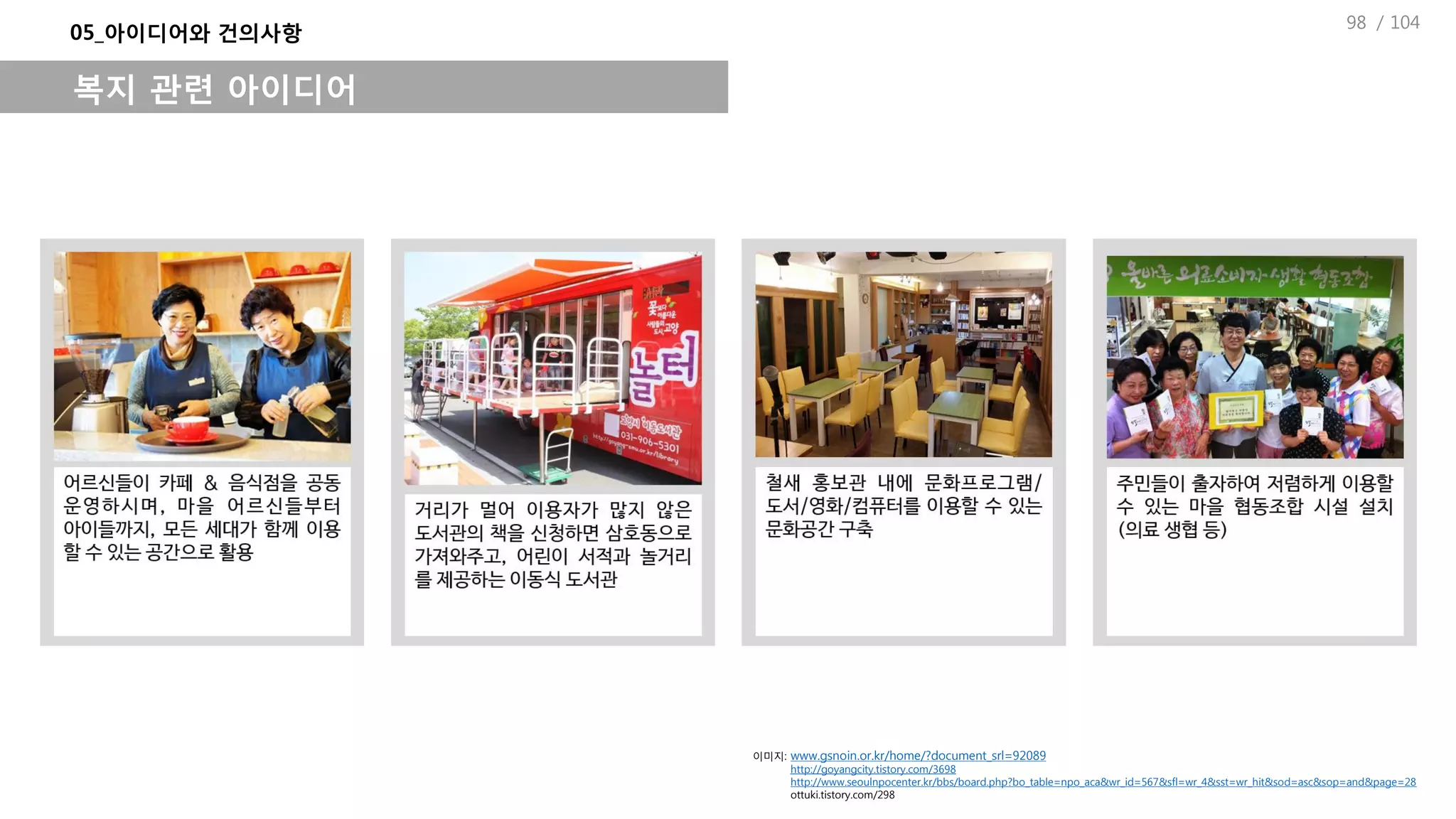 / 104
05_아이디어와 건의사항
복지 관련 아이디어
이미지: www.gsnoin.or.kr/home/?document_srl=92089
http://goyangcity.tistory.com/3698
http://www.seoulnpocenter.kr/bbs/board.php?bo_table=npo_aca&wr_id=567&sfl=wr_4&sst=wr_hit&sod=asc&sop=and&page=28
ottuki.tistory.com/298
98
 