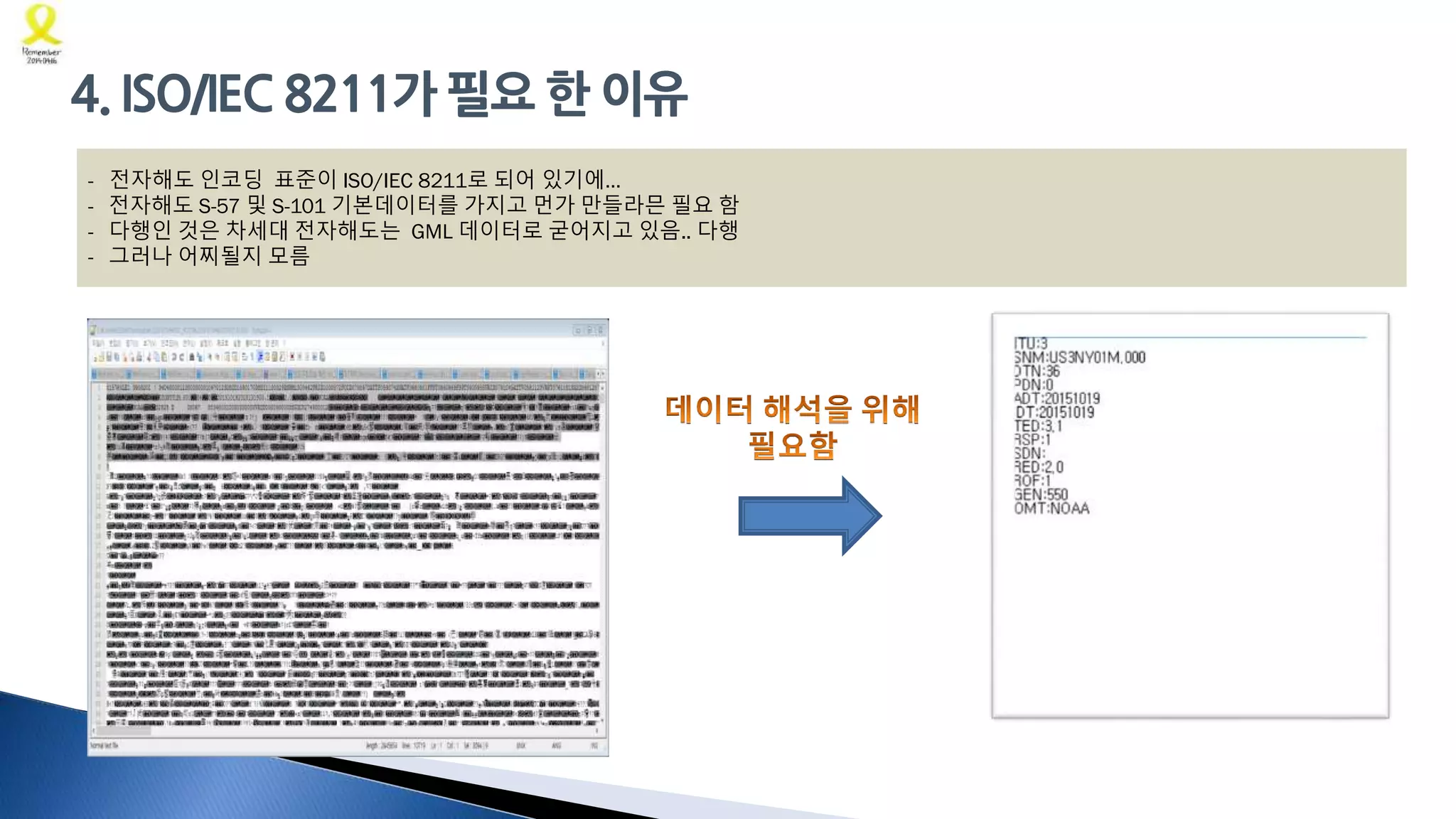 4. ISO/IEC 8211가 필요 한 이유
- 전자해도 인코딩 표준이 ISO/IEC 8211로 되어 있기에…
- 전자해도 S-57 및 S-101 기본데이터를 가지고 먼가 만들라믄 필요 함
- 다행인 것은 차세대 전자해도는 GML 데이터로 굳어지고 있음.. 다행
- 그러나 어찌될지 모름
 