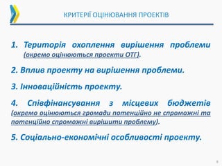 КРИТЕРІЇ ОЦІНЮВАННЯ ПРОЕКТІВ
1. Територія охоплення вирішення проблеми
(окремо оцінюються проекти ОТГ).
2. Вплив проекту на вирішення проблеми.
3. Інноваційність проекту.
4. Співфінансування з місцевих бюджетів
(окремо оцінюються громади потенційно не спроможні та
потенційно спроможні вирішити проблему).
5. Соціально-економічні особливості проекту.
8
 