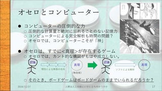 オセロとコンピューター
 コンピューターの圧倒的な力
○ 圧倒的な計算量と絶対に忘れることのない記憶力
○ コンピューターによる完全解析も時間の問題？
○ オセロでは、コンピューターこそが「神」
 オセロは、すでに<真理>が存在するゲーム
○ オセロでは、カント的な構図がもはや成立しない。
○ そのとき、ボードゲームはボードゲームのままでいられるだろうか？
2016/11/27 人類は人工知能にいかに立ち向かうのか 17
理性による無限の志向
真理
（物自体）
ソフトによる解析
真理
 