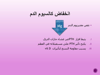 ‫الدم‬ ‫مغنيزيوم‬ ‫نقص‬
.I‫افراز‬ ‫يثبط‬PTH‫الدرق‬ ‫جارات‬ ‫غشاء‬ ‫عبر‬
.II‫تأثير‬ ‫يكبح‬PTH‫العظم‬ ‫في‬ ‫مستقبالته‬ ‫على‬
.III‫لتأثيرات‬ ‫النسج‬ ‫مقاومة‬ ‫يسبب‬vit D
Mg
 