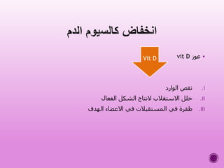 ‫عوز‬vit D
.I‫الوارد‬ ‫نقص‬
.II‫الفعال‬ ‫الشكل‬ ‫النتاج‬ ‫االستقالب‬ ‫خلل‬
.III‫الهدف‬ ‫االعضاء‬ ‫في‬ ‫المستقبالت‬ ‫في‬ ‫طفرة‬
Vit D
 