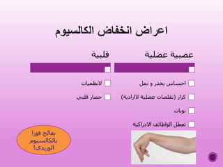 ‫عضلية‬ ‫عصبية‬
‫نمل‬ ‫و‬ ‫بخدر‬ ‫احساس‬
‫كزاز‬(‫الارادية‬ ‫عضلية‬ ‫تقلصات‬)
‫نوبات‬
‫االدراكية‬ ‫الواظائف‬ ‫تعطل‬
‫قلبية‬
‫النظميات‬
‫قلبي‬ ‫حصار‬
‫فورا‬ ‫يعالج‬
‫بالكالسيوم‬
‫الوريدي‬!
 