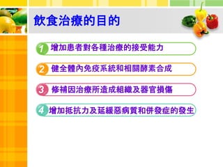 飲食治療的目的
1
2
3
4
增加患者對各種治療的接受能力
健全體內免疫系統和相關酵素合成
增加抵抗力及延緩惡病質和併發症的發生
修補因治療所造成組織及器官損傷
 