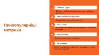 Найпопулярніші
метрики
1 Плинність кадрів
2 Рівень залученості персоналу
3 Якість найму
4 Вартість найму
Час до найму
Витрати на найм одного працівника
Скількох кандидатів вам треба передивитись, щоб зробити
пропозицію
Спеціалізовані компанії або власноруч
До 1 року - проблема з наймом, після року - проблема
утримання
5
Скільки часу проходить від моменту затвердження вакансії
до виходу кандидата
 
