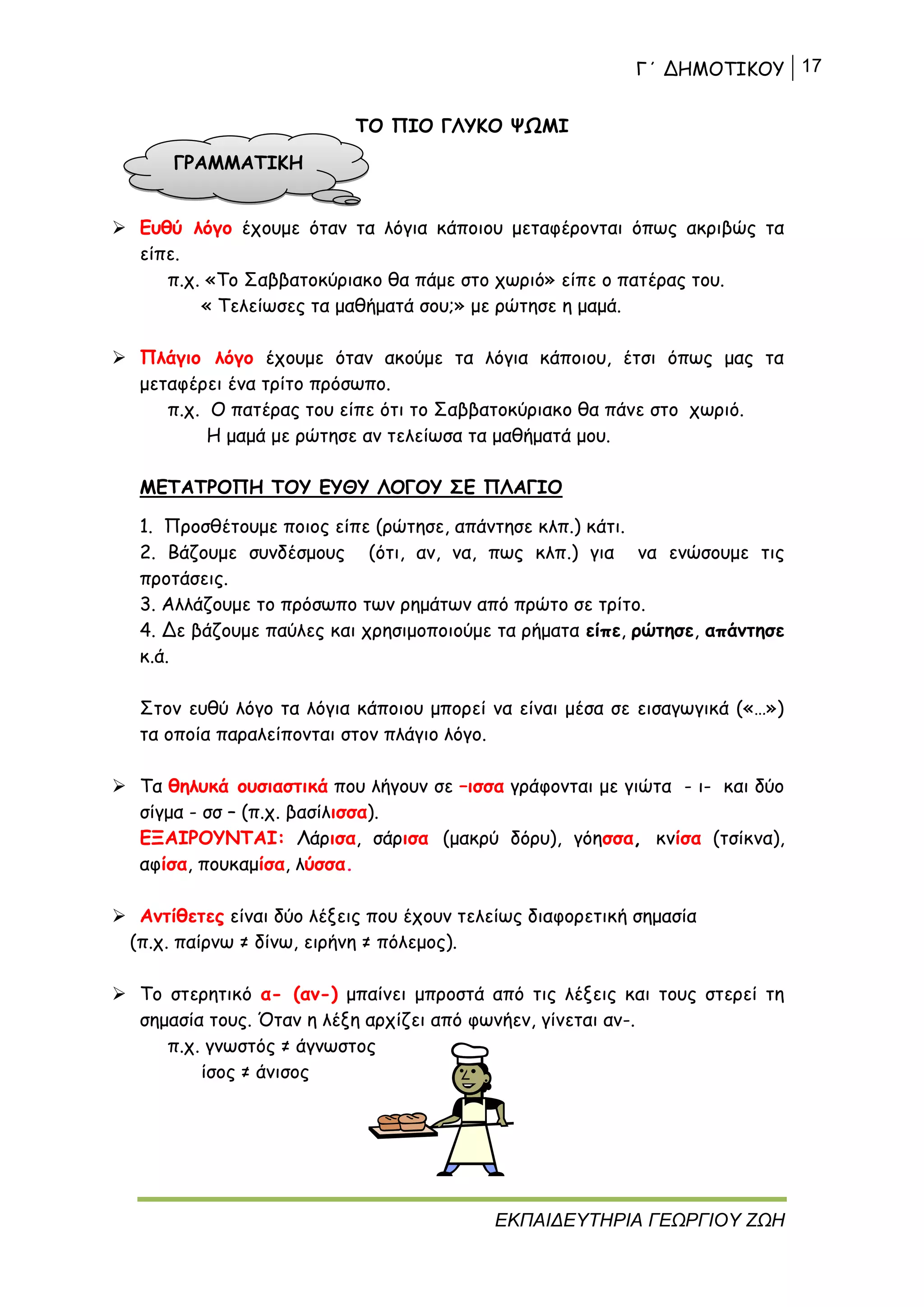 Γ΄ ΔΗΜΟΤΙΚΟΥ 17
ΕΚΠΑΙΔΕΥΤΗΡΙΑ ΓΕΩΡΓΙΟΥ ΖΩΗ
ΤΟ ΠΙΟ ΓΛΥΚΟ ΨΩΜΙ
 Ευθύ λόγο έχουμε όταν τα λόγια κάποιου μεταφέρονται όπως ακριβώς τα
είπε.
π.χ. «Το Σαββατοκύριακο θα πάμε στο χωριό» είπε ο πατέρας του.
« Τελείωσες τα μαθήματά σου;» με ρώτησε η μαμά.
 Πλάγιο λόγο έχουμε όταν ακούμε τα λόγια κάποιου, έτσι όπως μας τα
μεταφέρει ένα τρίτο πρόσωπο.
π.χ. Ο πατέρας του είπε ότι το Σαββατοκύριακο θα πάνε στο χωριό.
Η μαμά με ρώτησε αν τελείωσα τα μαθήματά μου.
ΜΕΤΑΤΡΟΠΗ ΤΟΥ ΕΥΘΥ ΛΟΓΟΥ ΣΕ ΠΛΑΓΙΟ
1. Προσθέτουμε ποιος είπε (ρώτησε, απάντησε κλπ.) κάτι.
2. Βάζουμε συνδέσμους (ότι, αν, να, πως κλπ.) για να ενώσουμε τις
προτάσεις.
3. Αλλάζουμε το πρόσωπο των ρημάτων από πρώτο σε τρίτο.
4. Δε βάζουμε παύλες και χρησιμοποιούμε τα ρήματα είπε, ρώτησε, απάντησε
κ.ά.
Στον ευθύ λόγο τα λόγια κάποιου μπορεί να είναι μέσα σε εισαγωγικά («…»)
τα οποία παραλείπονται στον πλάγιο λόγο.
 Τα θηλυκά ουσιαστικά που λήγουν σε –ισσα γράφονται με γιώτα - ι- και δύο
σίγμα - σσ – (π.χ. βασίλισσα).
ΕΞΑΙΡΟΥΝΤΑΙ: Λάρισα, σάρισα (μακρύ δόρυ), γόησσα, κνίσα (τσίκνα),
αφίσα, πουκαμίσα, λύσσα.
 Αντίθετες είναι δύο λέξεις που έχουν τελείως διαφορετική σημασία
(π.χ. παίρνω ≠ δίνω, ειρήνη ≠ πόλεμος).
 Το στερητικό α- (αν-) μπαίνει μπροστά από τις λέξεις και τους στερεί τη
σημασία τους. Όταν η λέξη αρχίζει από φωνήεν, γίνεται αν-.
π.χ. γνωστός ≠ άγνωστος
ίσος ≠ άνισος
ΓΡΑΜΜΑΤΙΚΗ
 