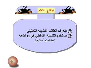 @‫التمثيل‬ ‫التشبيه‬ ‫الطالب‬ ‫يتعرف‬‫ي‬
@‫في‬ ‫التمثيلي‬ ‫التشبيه‬ ‫يستخدم‬‫مواضعه‬
‫سليما‬ ً‫ا‬‫استخدام‬
‫التعلم‬ ‫نواتج‬
 