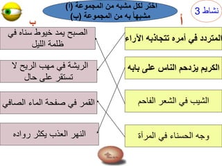 ‫نشاط‬3
‫المجموعة‬ ‫من‬ ‫مشبه‬ ‫لكل‬ ‫اختر‬(‫أ‬)
‫المجموعة‬ ‫من‬ ‫به‬ ً‫ا‬‫مشبه‬(‫ب‬)
‫اآلراء‬ ‫تتجاذبه‬ ‫أمره‬ ‫في‬ ‫المتردد‬
‫بابه‬ ‫على‬ ‫الناس‬ ‫يزدحم‬ ‫الكريم‬
‫الفاحم‬ ‫الشعر‬ ‫في‬ ‫الشيب‬
‫المرآة‬ ‫في‬ ‫الحسناء‬ ‫وجه‬‫رواده‬ ‫يكثر‬ ‫العذب‬ ‫النهر‬
‫الصافي‬ ‫الماء‬ ‫صفحة‬ ‫في‬ ‫القمر‬
‫ال‬ ‫الريح‬ ‫مهب‬ ‫في‬ ‫الريشة‬
‫حال‬ ‫على‬ ‫تستقر‬
‫في‬ ‫سناه‬ ‫خيوط‬ ‫يمد‬ ‫الصبح‬
‫الليل‬ ‫ظلمة‬
‫ب‬ ‫أ‬
 