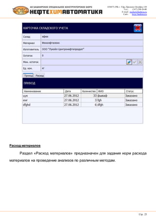 450075, РФ, г. Уфа, Проспект Октября, 149
Тел.: (347) 284-26-00
E-mail: market@bashnxa.ru
Сайт: http://bashnxa.ru
Стр. 25
Расход материалов
Раздел «Расход материалов» предназначен для задания норм расхода
материалов на проведение анализов по различным методам.
 