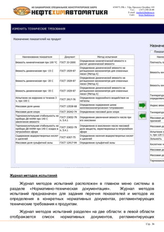 450075, РФ, г. Уфа, Проспект Октября, 149
Тел.: (347) 284-26-00
E-mail: market@bashnxa.ru
Сайт: http://bashnxa.ru
Стр. 36
Журнал методов испытаний
Журнал методов испытаний расположен в главном меню системы в
разделе «Нормативно-техническая документация». Журнал методов
испытаний предназначен для задания перечня показателей и методов их
определения в конкретных нормативных документах, регламентирующих
технические требования к продуктам.
Журнал методов испытаний разделен на две области: в левой области
отображается список нормативных документов, регламентирующих
 