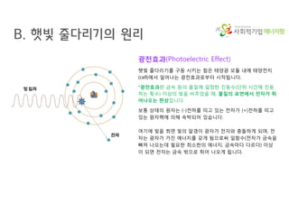 에너지팜
B. 햇빛 줄다리기의 원리
광전효과(Photoelectric Effect)
햇빛 줄다리기를 구동 시키는 힘은 태양광 모듈 내에 태양전지
(cell)에서 일어나는 광전효과로부터 시작됩니다.
*광전효과란 금속 등의 물질에 일정한 진동수(단위 시간에 진동
하는 횟수) 이상의 빛을 비추었을 때, 물질의 표면에서 전자가 튀
어나오는 현상입니다.
보통 상태의 원자는 (-)전하를 띠고 있는 전자가 (+)전하를 띠고
있는 원자핵에 의해 속박되어 있습니다.
여기에 빛을 쬐면 빛의 알갱이 광자가 전자와 충돌하게 되며, 전
자는 광자가 가진 에너지를 갖게 됨으로써 일함수(전자가 금속을
빠져 나오는데 필요한 최소한의 에너지, 금속마다 다르다) 이상
이 되면 전자는 금속 밖으로 튀어 나오게 됩니다.
 