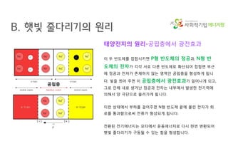에너지팜
태양전지의 원리-공핍층에서 광전효과
이 두 반도체를 접합시키면 P형 반도체의 정공과, N형 반
도체의 전자가 각각 서로 다른 반도체로 확산되어 접합면 부근
에 정공과 전자가 존재하지 않는 영역인 공핍층을 형성하게 됩니
다. 빛을 쬐어 주면 이 공핍층에서 광전효과가 일어나게 되고,
그로 인해 새로 생겨난 정공과 전자는 내부에서 발생한 전기력에
의해서 양 극단으로 쏠려가게 됩니다.
이런 상태에서 부하를 걸어주면 N형 반도체 끝에 몰린 전자가 회
로를 통과함으로써 전류가 형성되게 됩니다.
전환된 전기에너지는 모터에서 운동에너지로 다시 한번 변환되어
햇빛 줄다리기가 구동될 수 있는 힘을 형성합니다.
공핍층
B. 햇빛 줄다리기의 원리
 