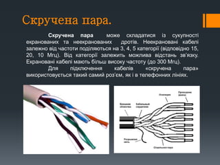 Скручена пара.
Скручена пара може складатися із сукупності
екранованих та неекранованих дротів. Неекрановані кабелі
залежно від частоти поділяються на 3, 4, 5 категорії (відповідно 15,
20, 10 Мгц). Від категорії залежить можлива відстань зв’язку.
Екрановані кабелі мають більш високу частоту (до 300 Мгц).
Для підключення кабелів «скручена пара»
використовується такий самий роз’єм, як і в телефонних лініях.
 